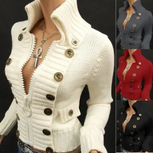 Vintage High Collar Turtle Neck Sweater with Zipper Women's Slim Fit Long Sleeve Cardigan Large Button Embellishment's