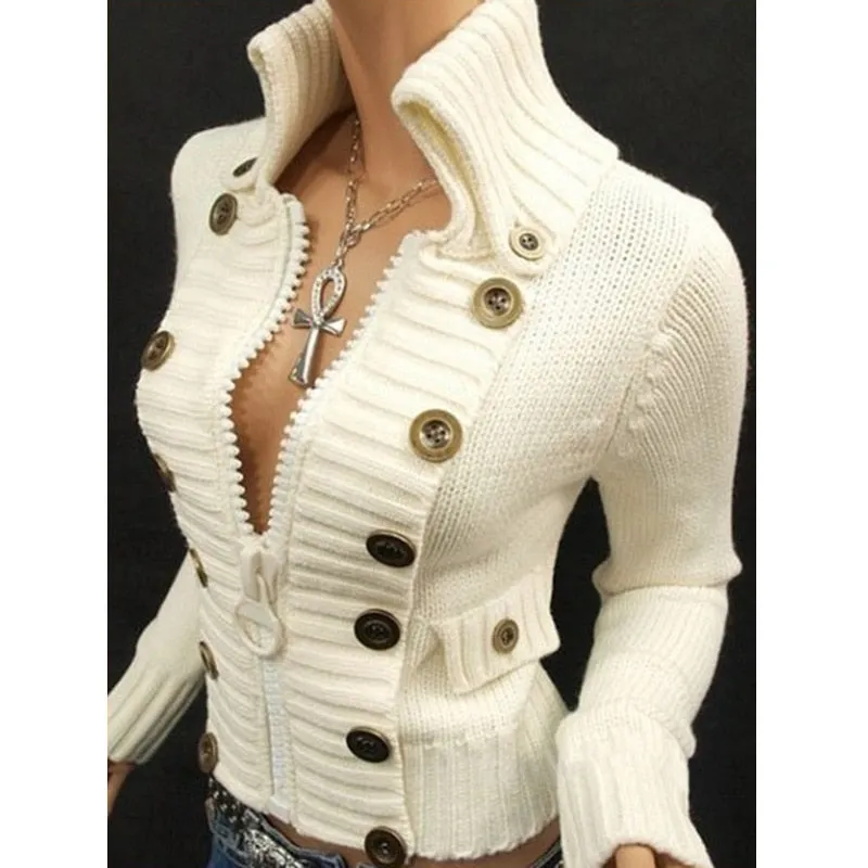 Vintage High Collar Turtle Neck Sweater with Zipper Women's Slim Fit Long Sleeve Cardigan Large Button Embellishment's