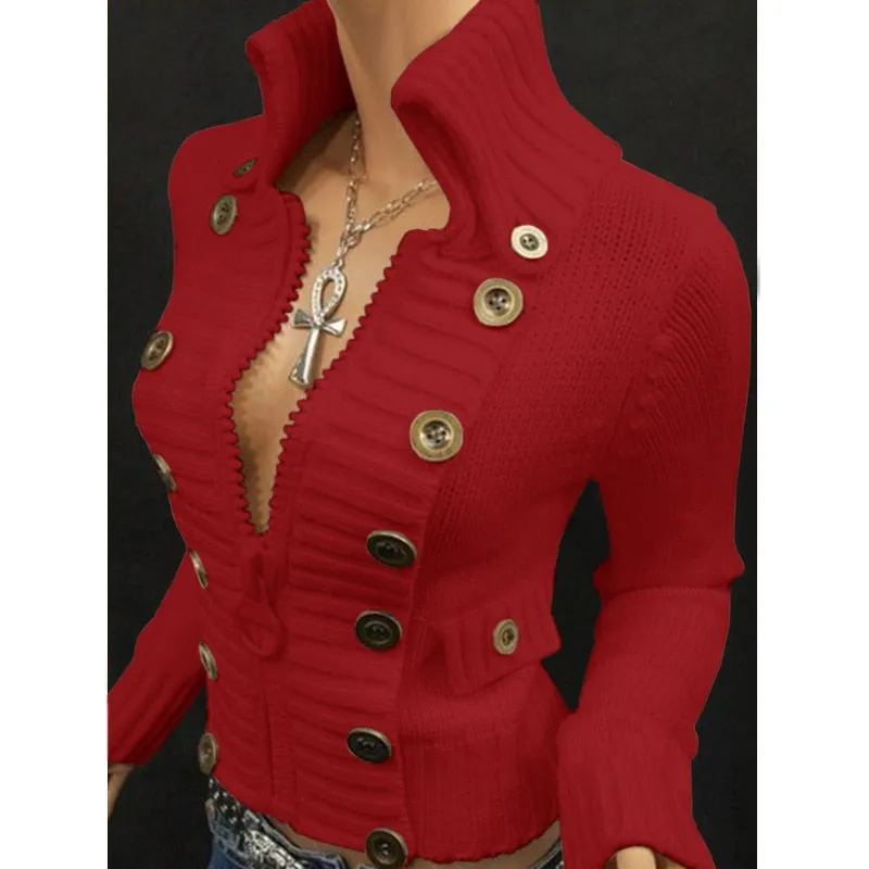Vintage High Collar Turtle Neck Sweater with Zipper Women's Slim Fit Long Sleeve Cardigan Large Button Embellishment's