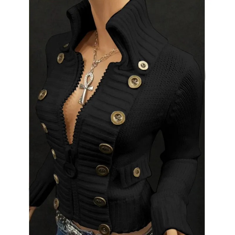 Vintage High Collar Turtle Neck Sweater with Zipper Women's Slim Fit Long Sleeve Cardigan Large Button Embellishment's