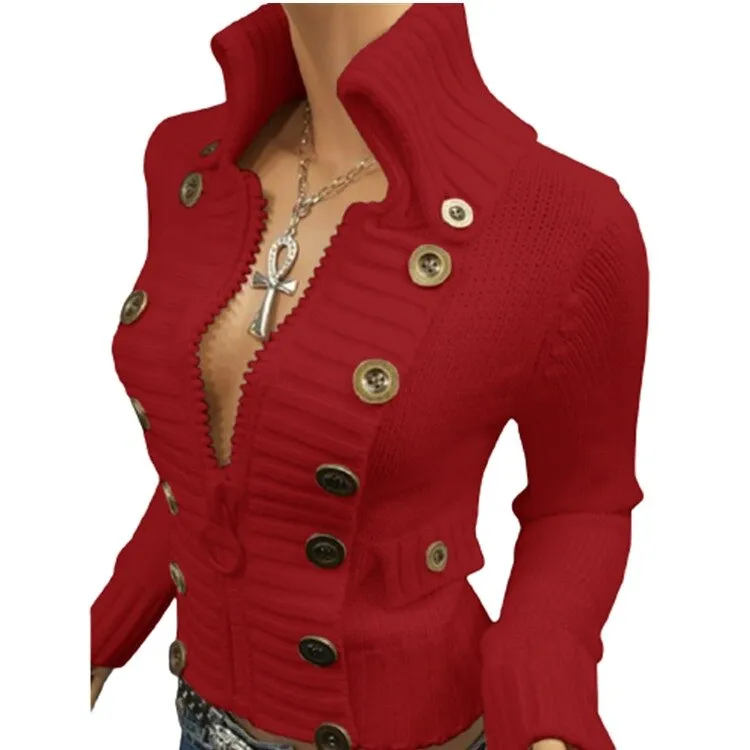 Vintage High Collar Turtle Neck Sweater with Zipper Women's Slim Fit Long Sleeve Cardigan Large Button Embellishment's