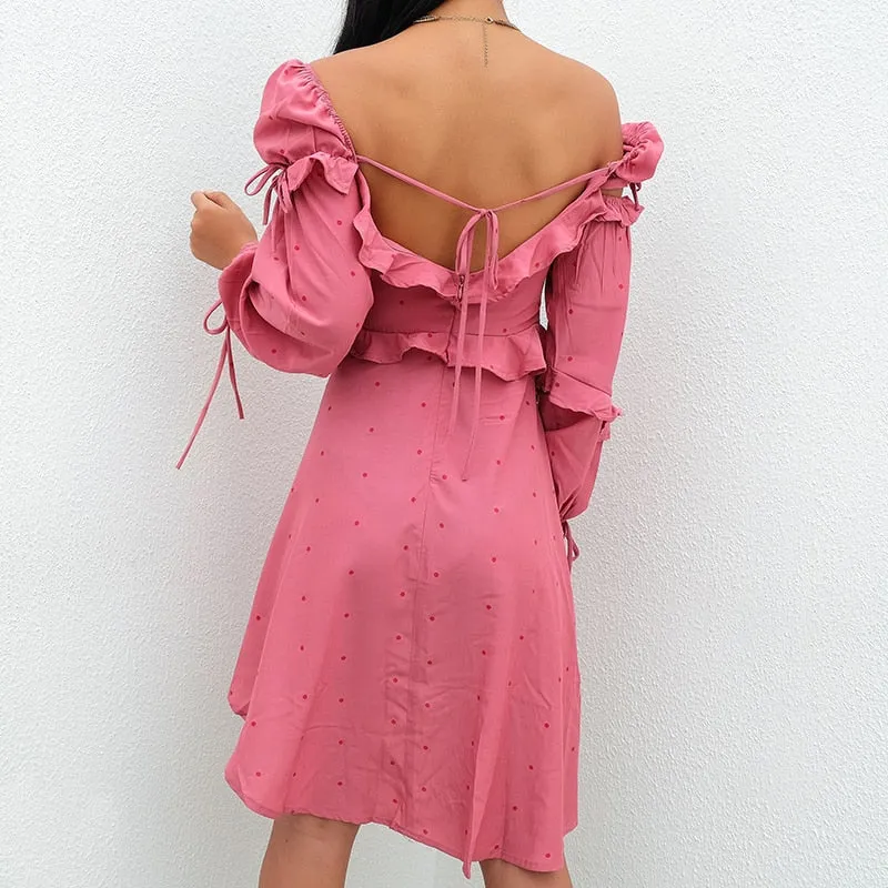 Vintage Polka Dot Square Collar Ruffles Long Sleeve Dress