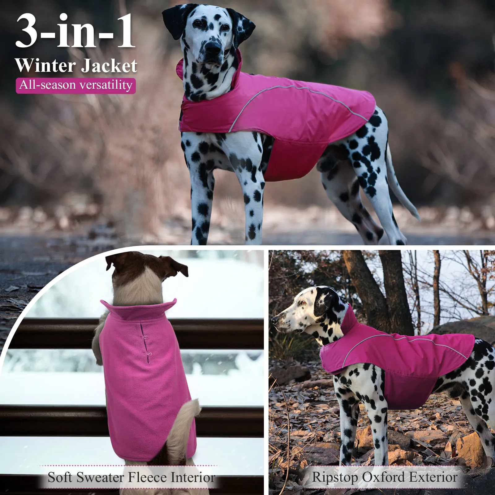 VIVAGLORY new 3-in-1 Dog Winter Coats, Reflective Water-Resistant Wind Breaker Jackets & Fleece Lined Cold Weather Vest, Warm Sweater with Leash Portal, Dog Clothes for Small Medium Large Dogs