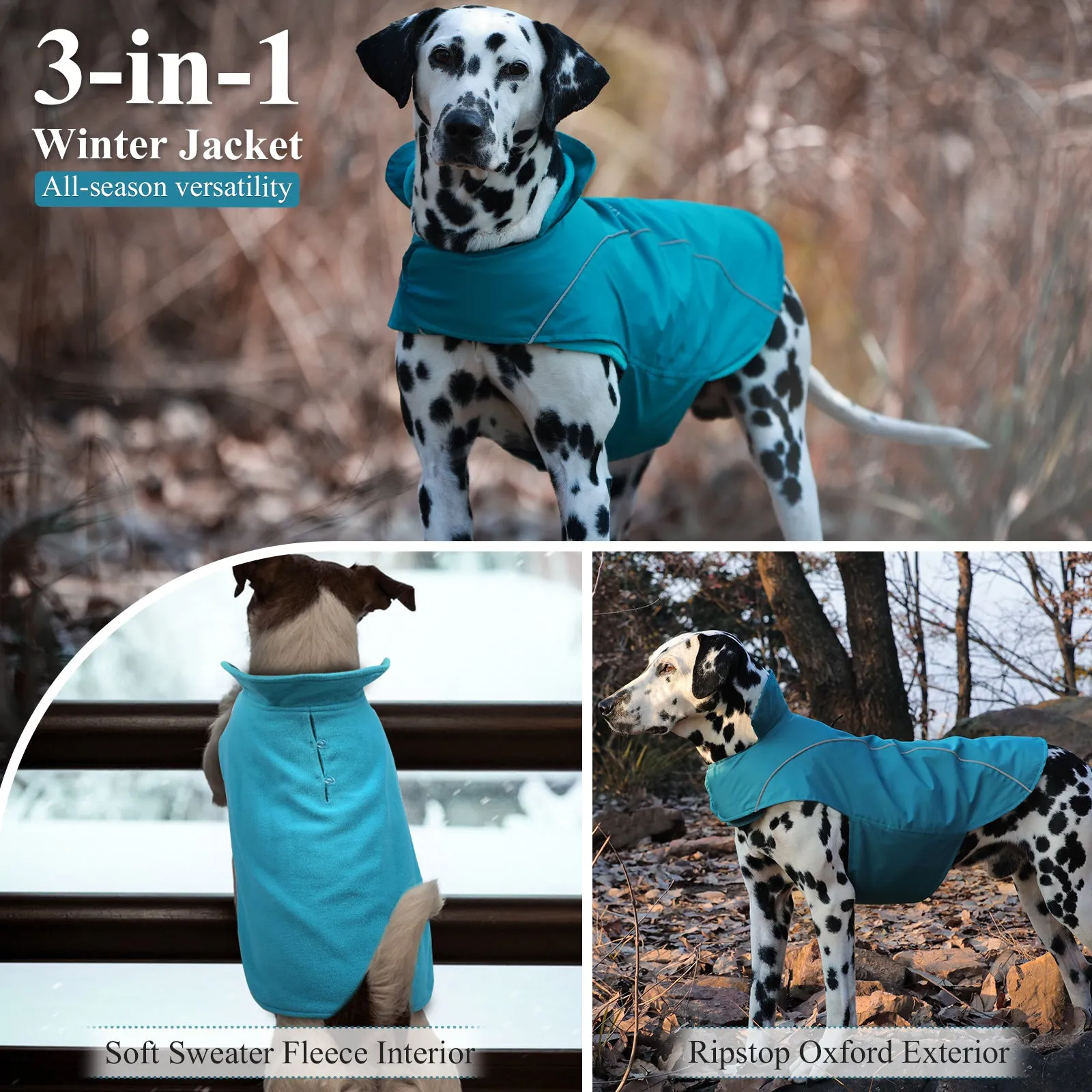 VIVAGLORY new 3-in-1 Dog Winter Coats, Reflective Water-Resistant Wind Breaker Jackets & Fleece Lined Cold Weather Vest, Warm Sweater with Leash Portal, Dog Clothes for Small Medium Large Dogs