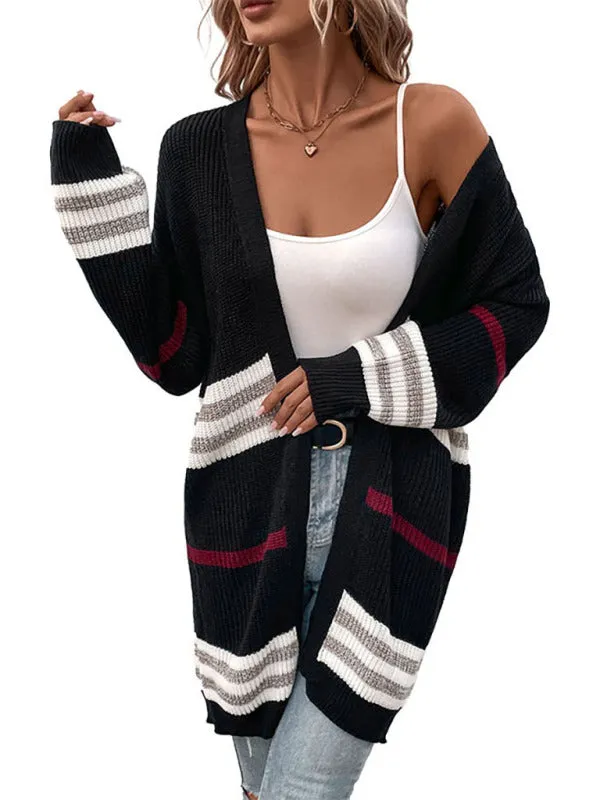 Women's Collarless Open Strip Print Open Front Long Cardigan