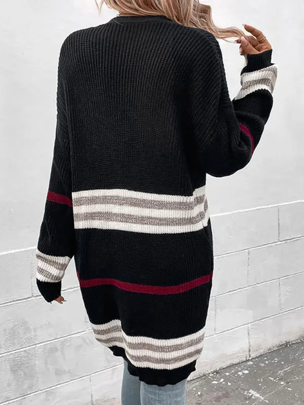Women's Collarless Open Strip Print Open Front Long Cardigan