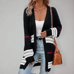 Women's Collarless Open Strip Print Open Front Long Cardigan