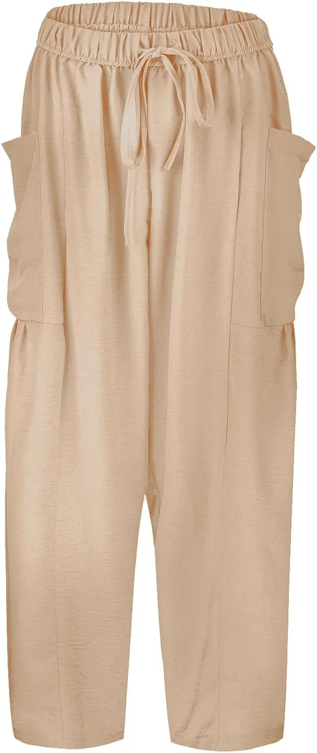 Women's Cotton Linen Summer Casual Loose Pants Low Waist Straight Loose Fit Trousers Trendy