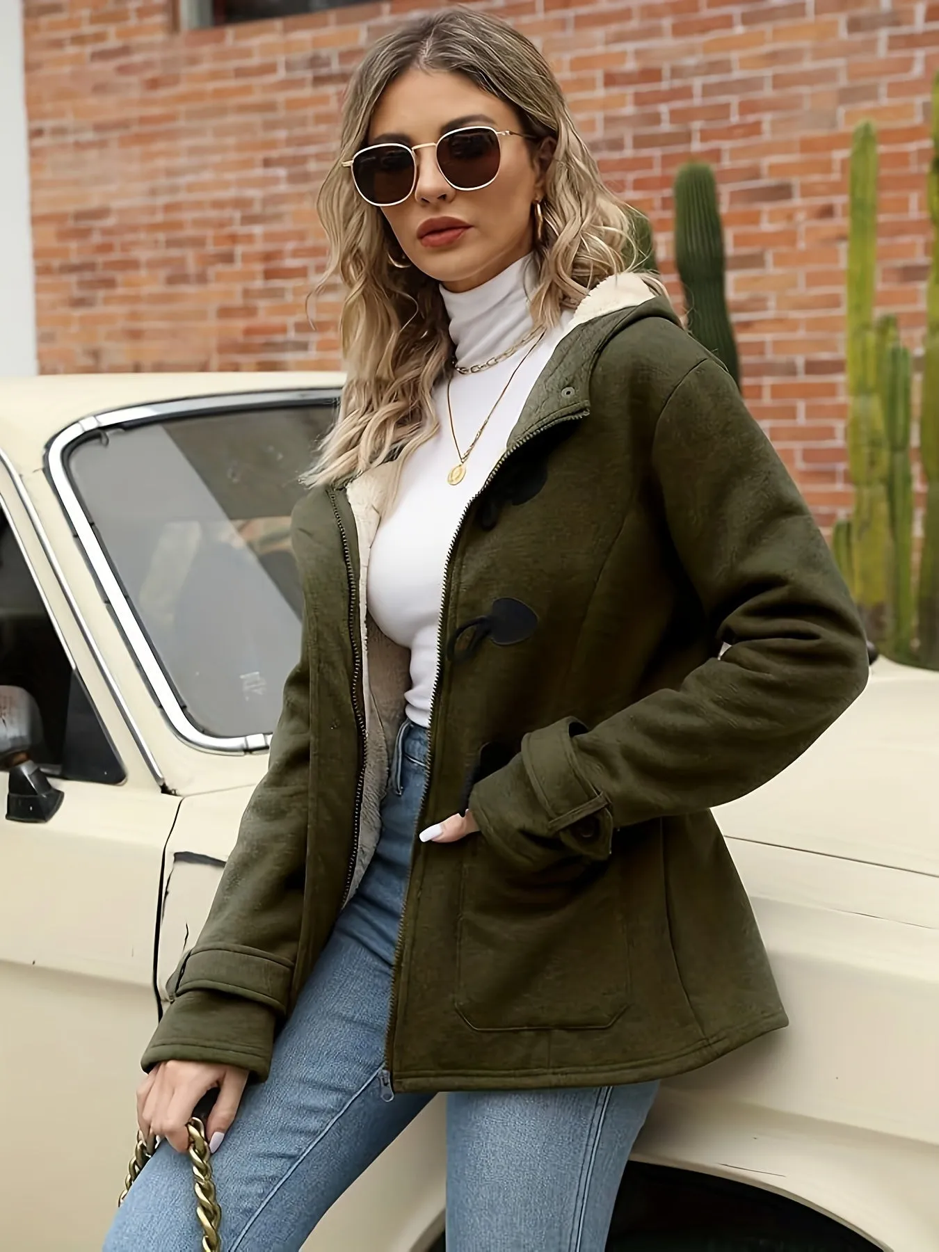 Women's Fashion Jacket Duffel Button Coat Hooded Winter Warm Jacket Sweatshirt