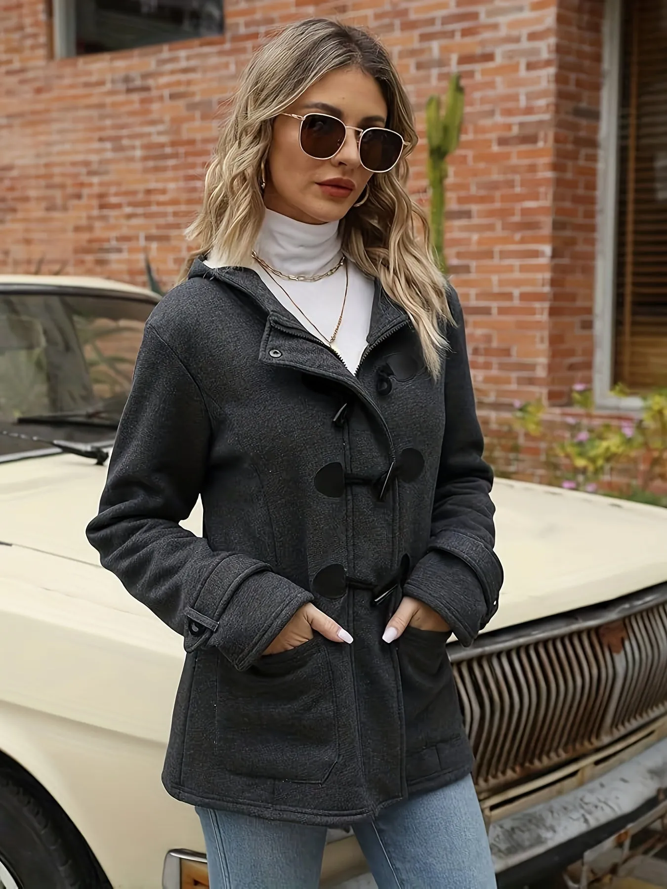 Women's Fashion Jacket Duffel Button Coat Hooded Winter Warm Jacket Sweatshirt