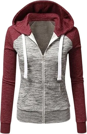 Womens Hooded Sweatshirts Color Block Full Zip Up Jackets Long Sleeve Striped Coats Drawstring Outwear with Pockets