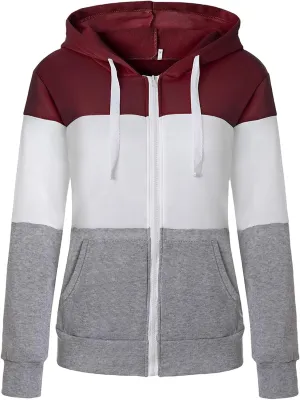 Womens Hooded Sweatshirts Color Block Full Zip Up Jackets Long Sleeve Striped Coats Drawstring Outwear with Pockets