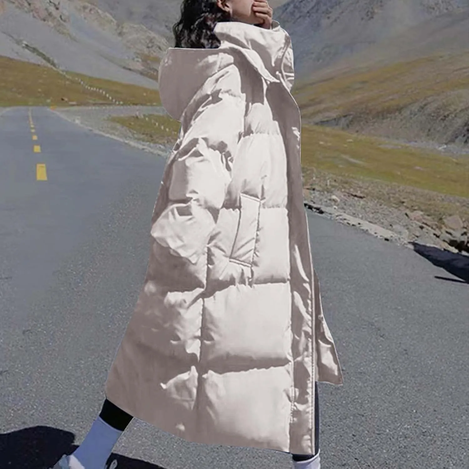 Womens Long Quilted Coat Winter Warm Hooded Puffer Jacket Thickened Cotton Padded Overcoat Knee Length Coats