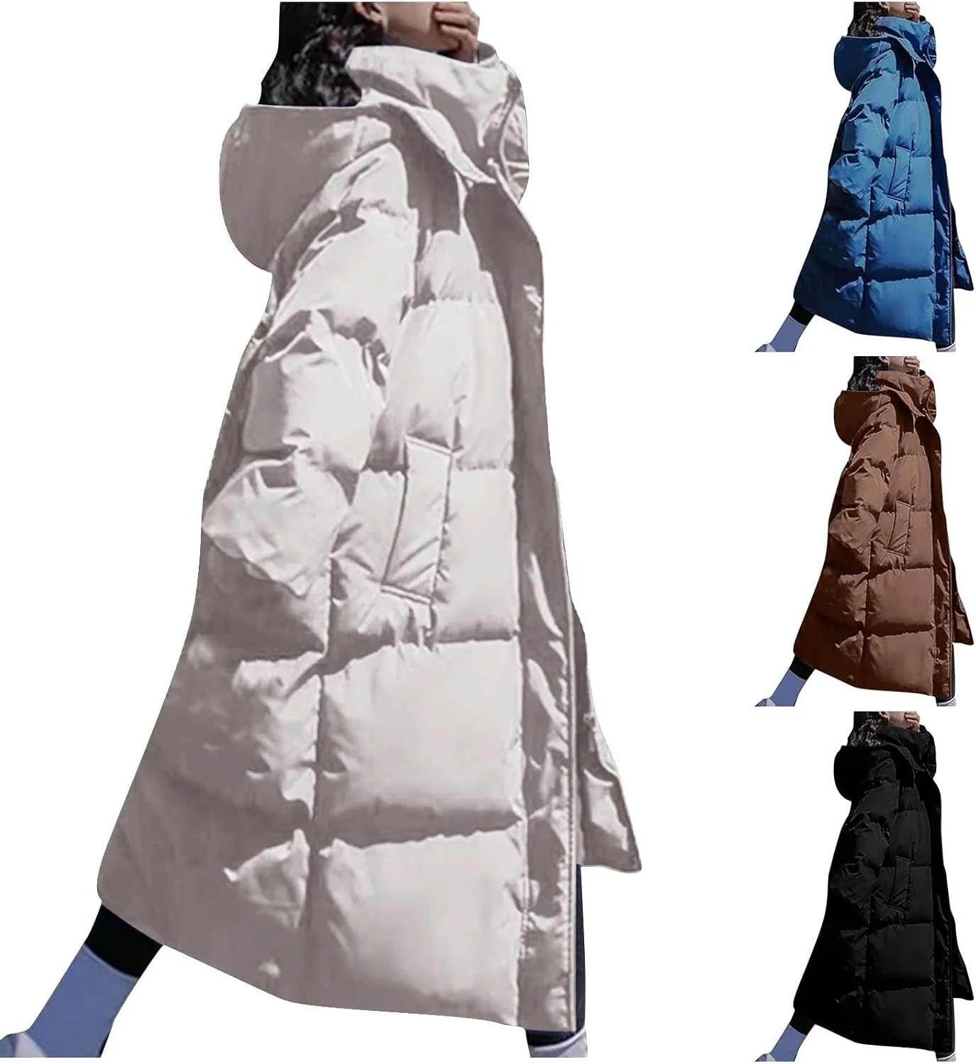 Womens Long Quilted Coat Winter Warm Hooded Puffer Jacket Thickened Cotton Padded Overcoat Knee Length Coats