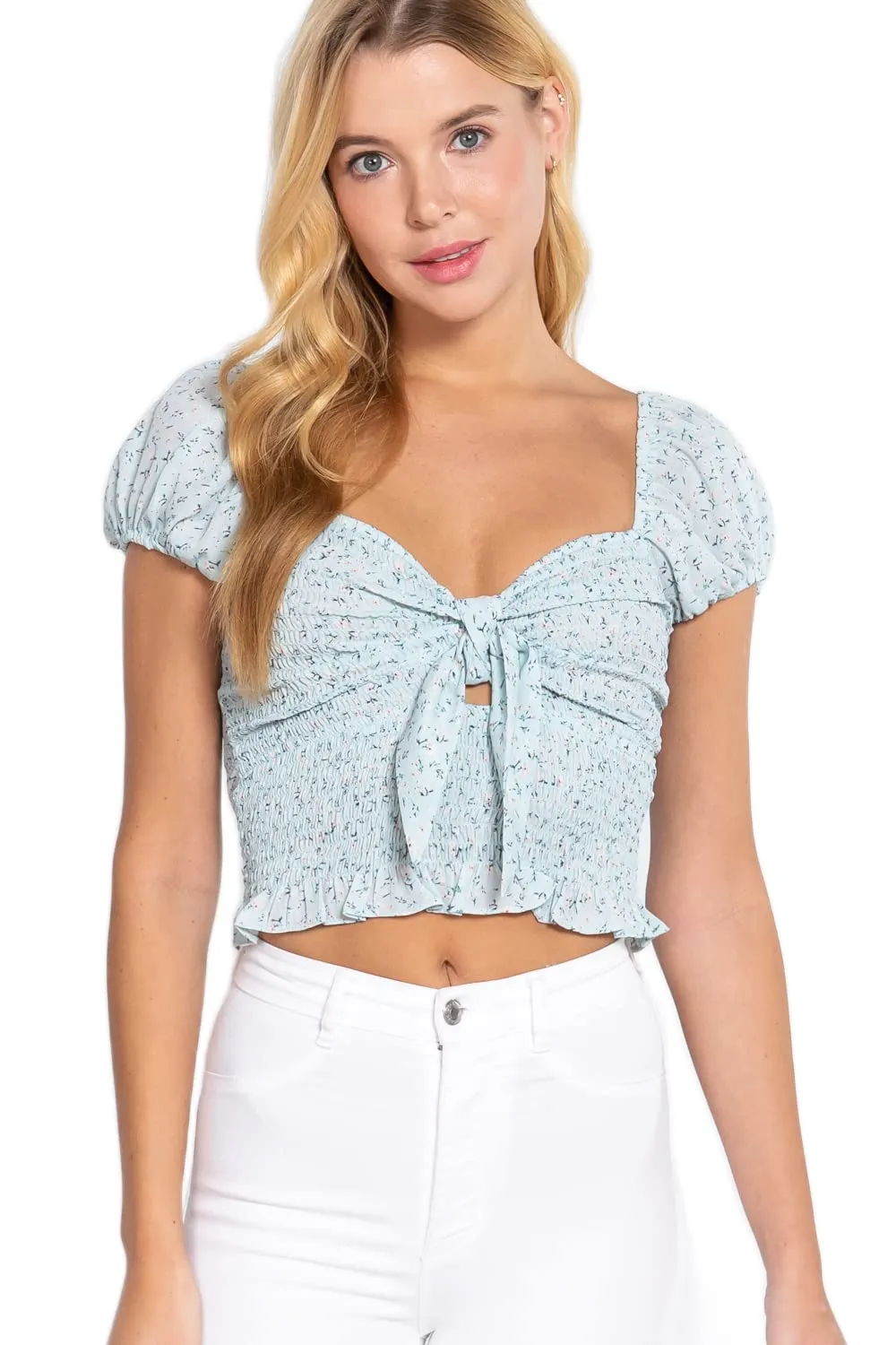 Women's Short Sleeve Bust Tie Smocked Floral Print Woven Top