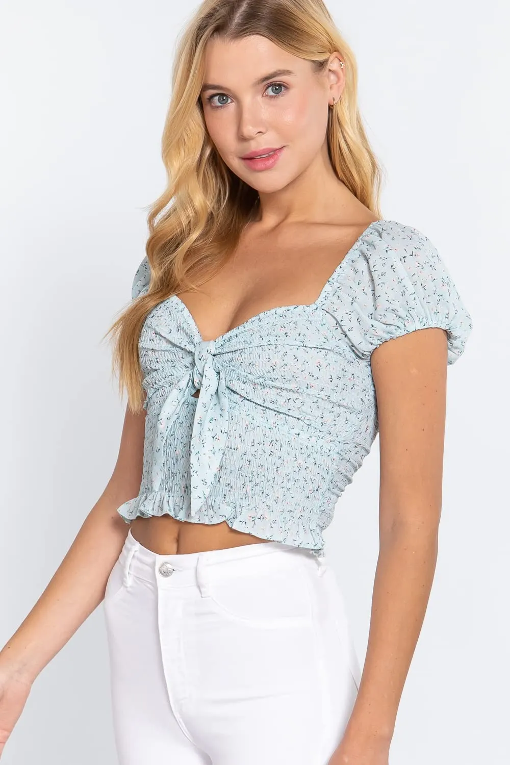 Women's Short Sleeve Bust Tie Smocked Floral Print Woven Top