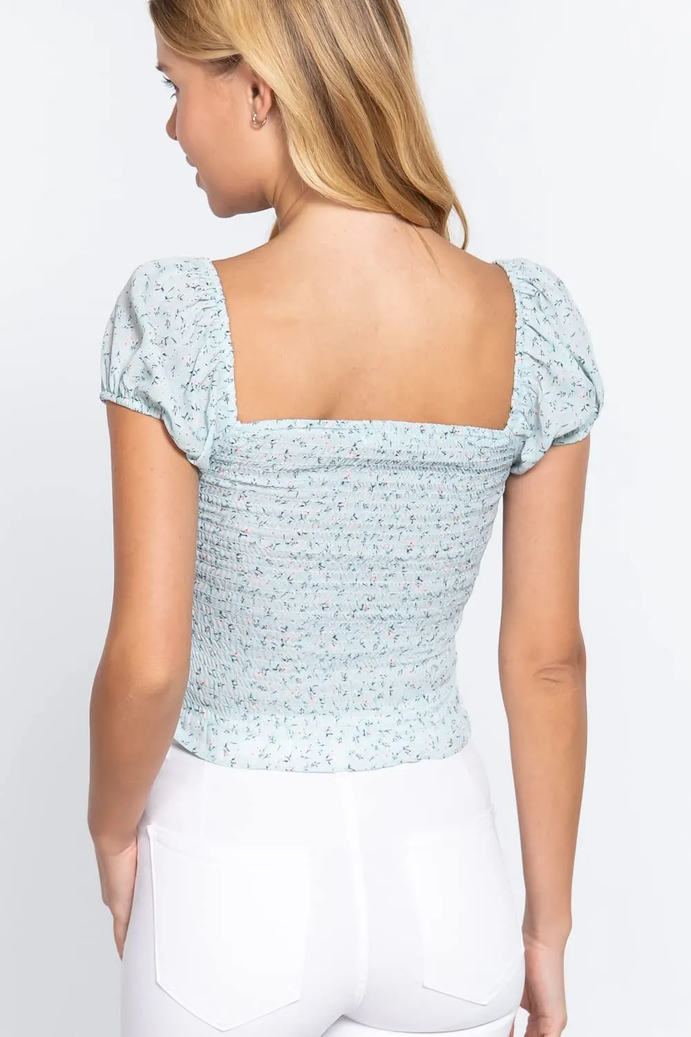 Women's Short Sleeve Bust Tie Smocked Floral Print Woven Top