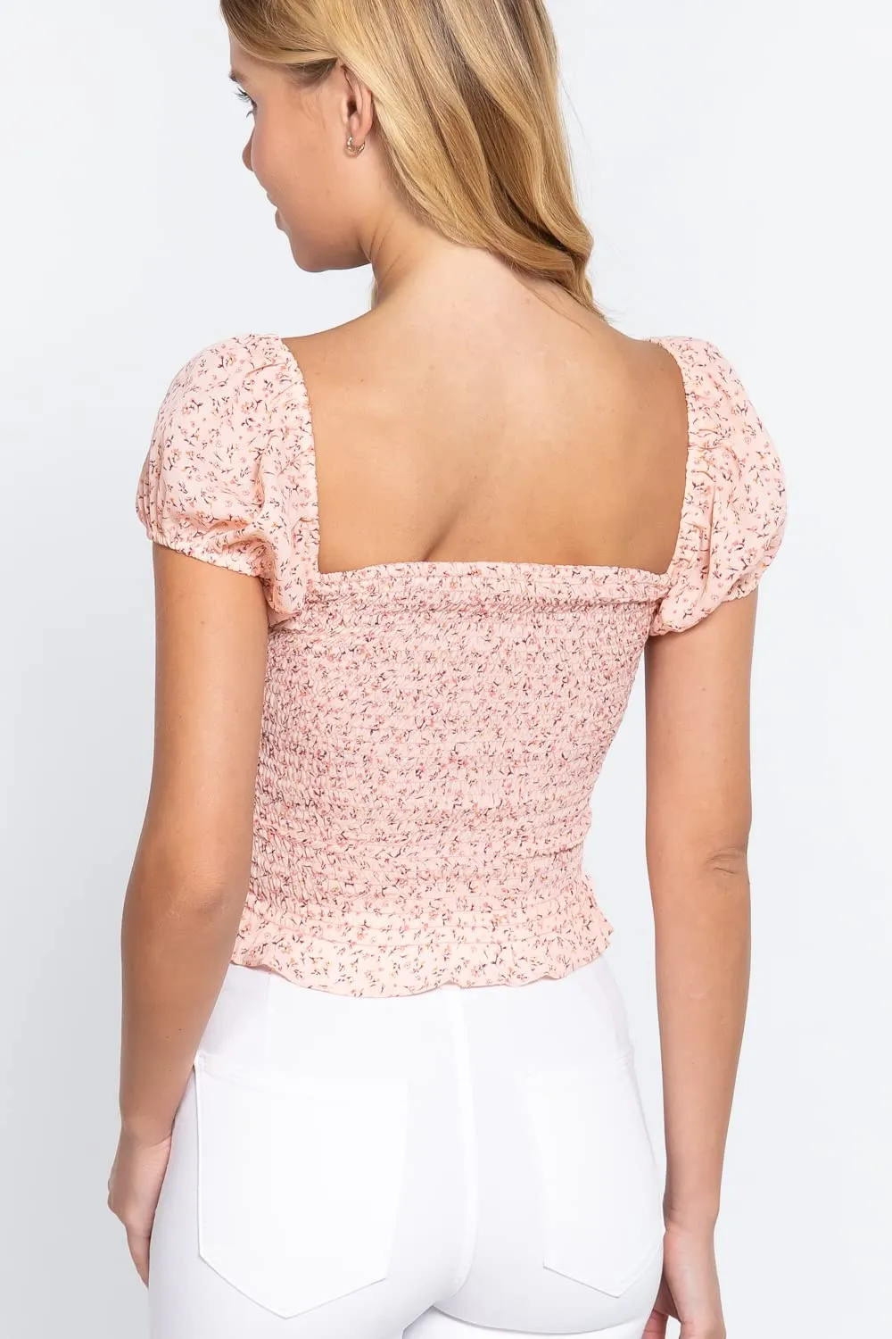 Women's Short Sleeve Bust Tie Smocked Floral Print Woven Top