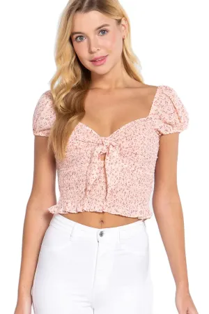 Women's Short Sleeve Bust Tie Smocked Floral Print Woven Top