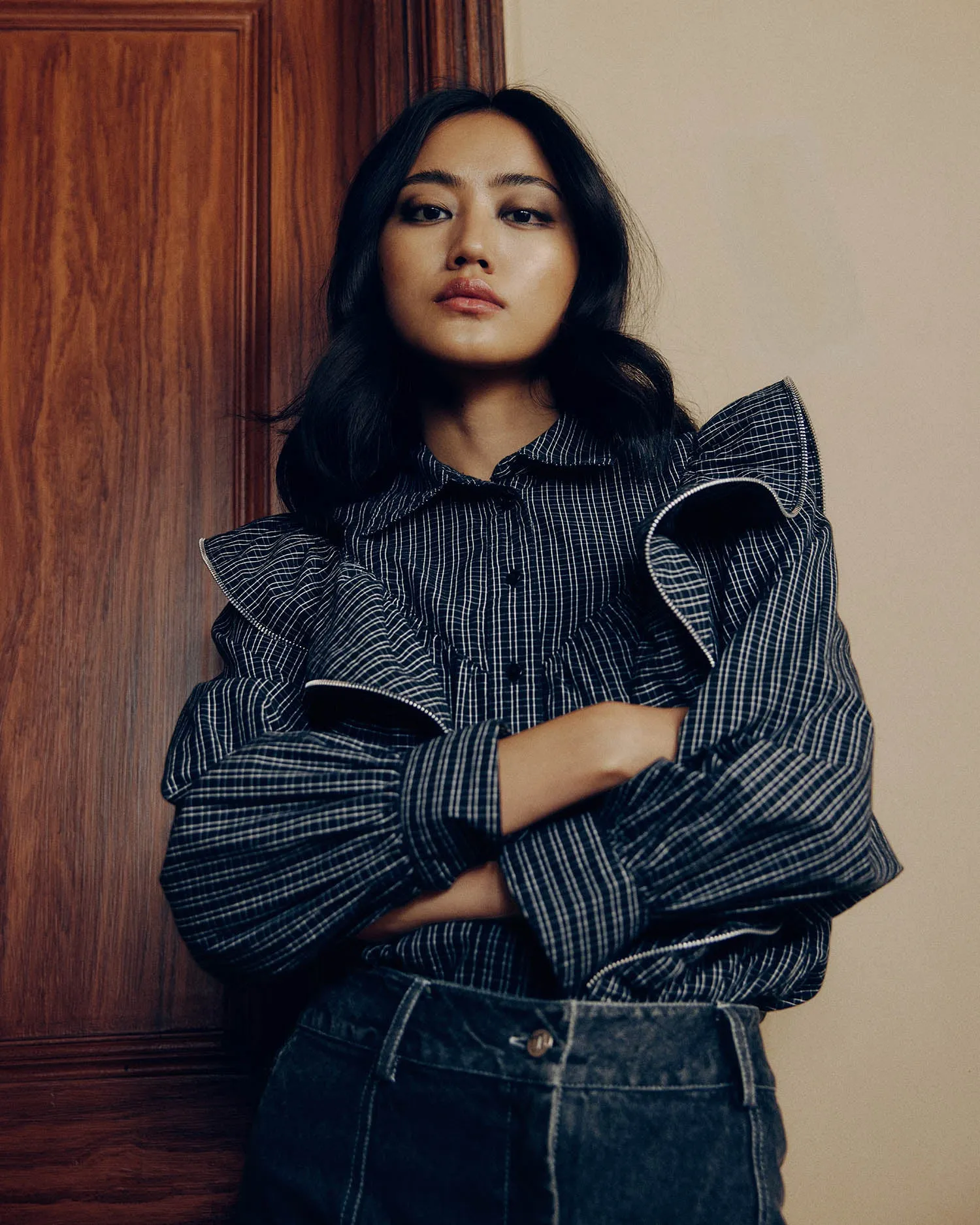 ZIPPER FRILL CHECK SHIRT