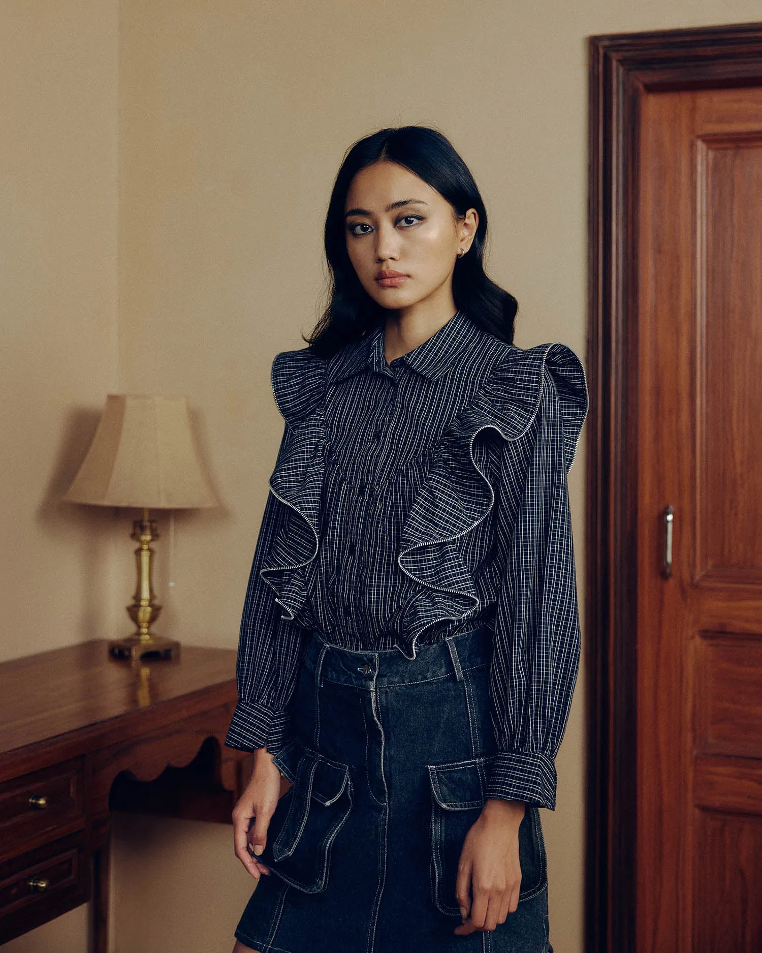 ZIPPER FRILL CHECK SHIRT