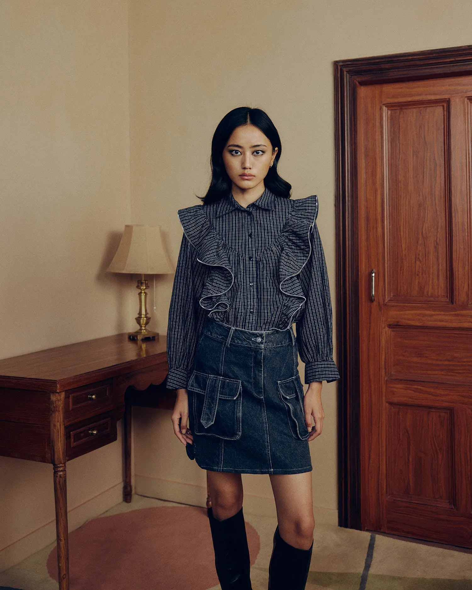 ZIPPER FRILL CHECK SHIRT