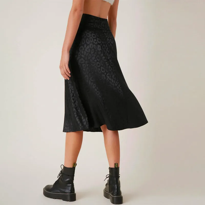 Zipper Side Leopard Satin Skirt