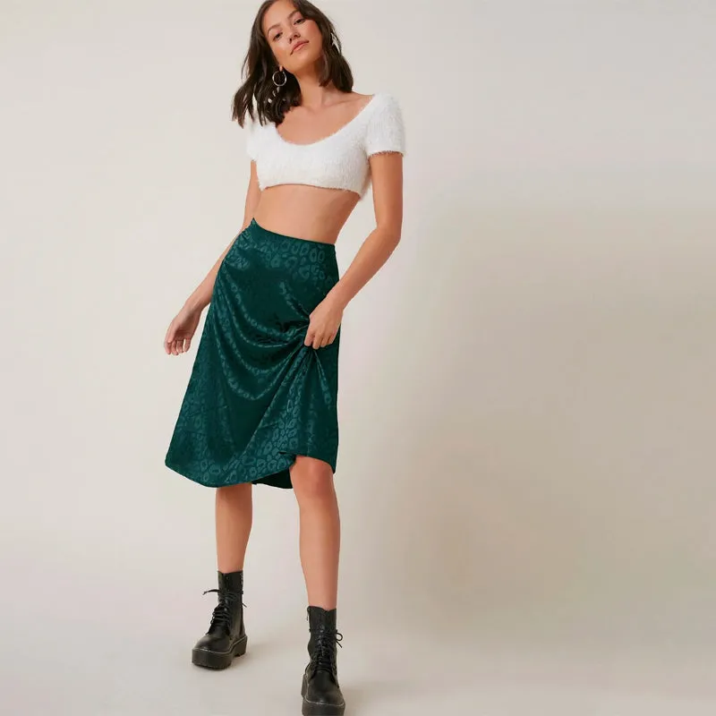 Zipper Side Leopard Satin Skirt