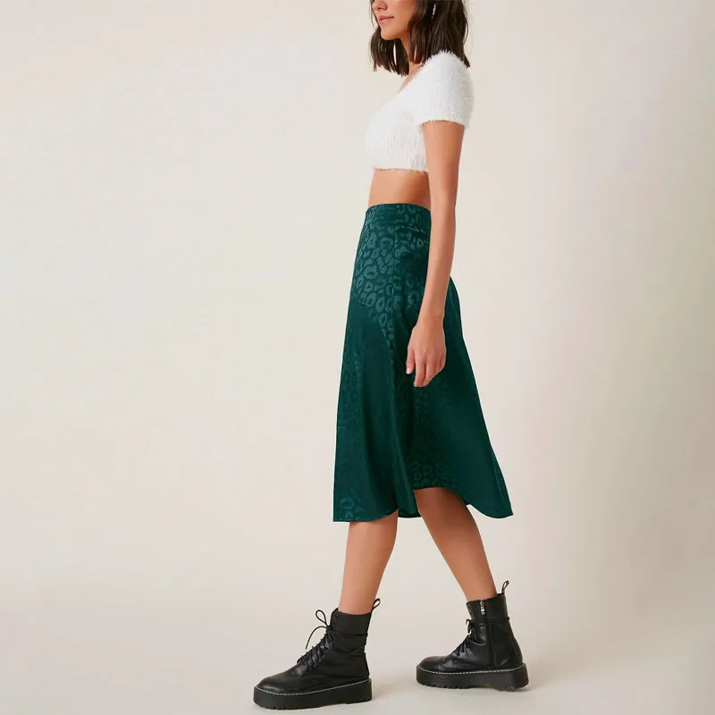 Zipper Side Leopard Satin Skirt
