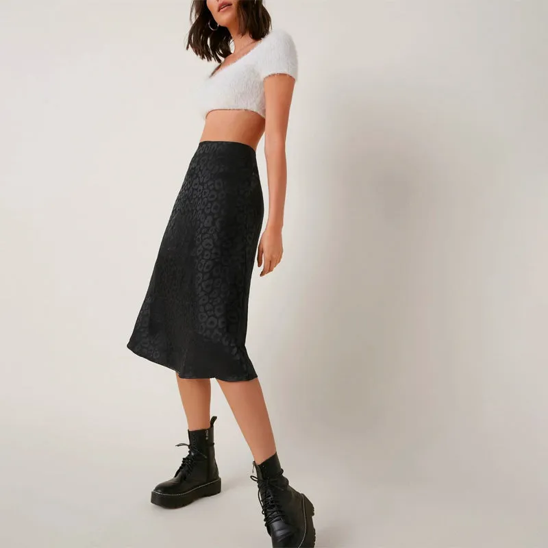 Zipper Side Leopard Satin Skirt