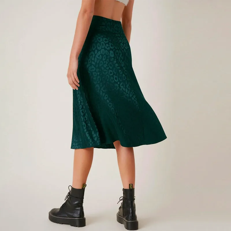 Zipper Side Leopard Satin Skirt
