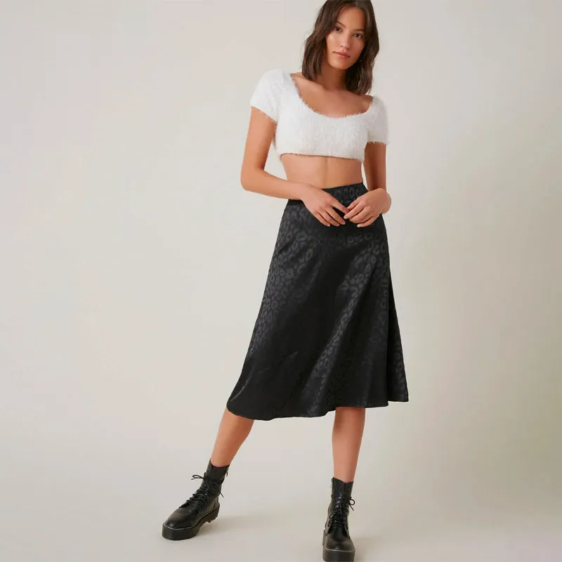 Zipper Side Leopard Satin Skirt