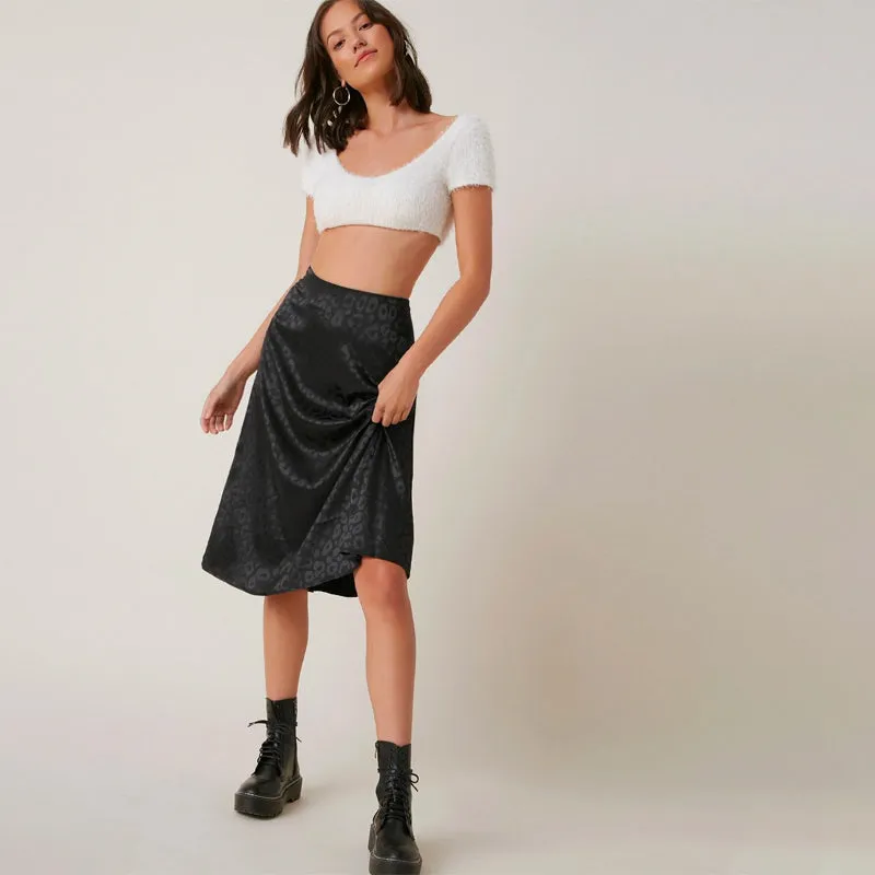 Zipper Side Leopard Satin Skirt