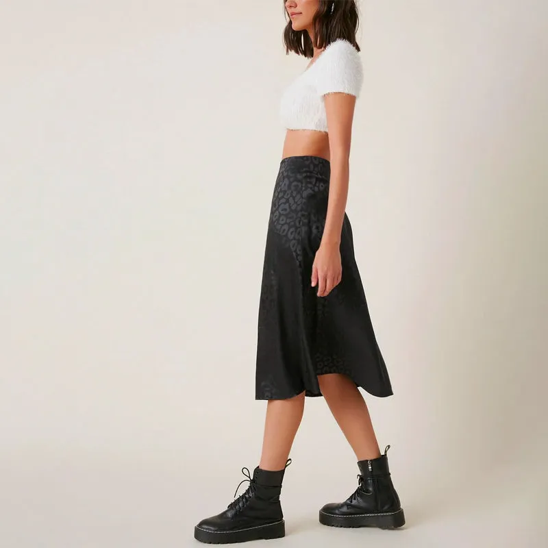 Zipper Side Leopard Satin Skirt